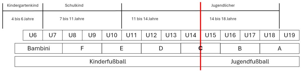 Das Bild beschreibt die Einteilung in Altersklassen aus verschiedenen Blickwinkeln. Gesetzgeber vs. Fußballverband